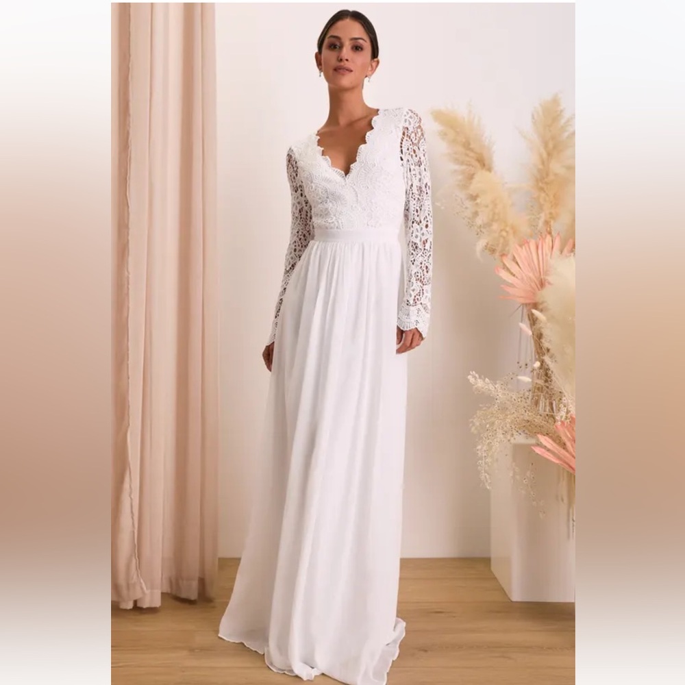 Lulu’s Awaken My Love White Long Sleeve Lace Maxi Dress, S, Great Condition